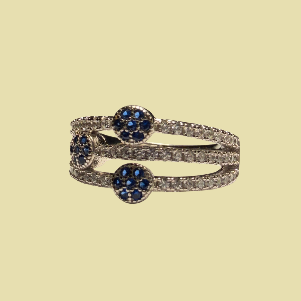 Anillo Tres filas con zirconia Azul